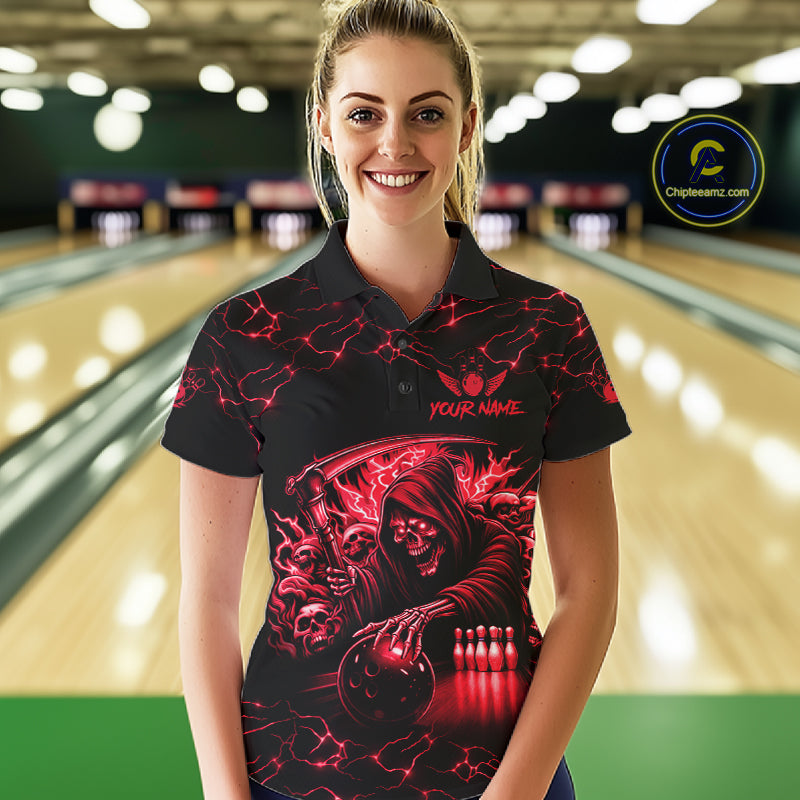 Woman wearing custom red grim reaper lightning bowling polo shirt front view.