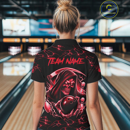 Woman wearing custom red grim reaper lightning bowling polo shirt back view.