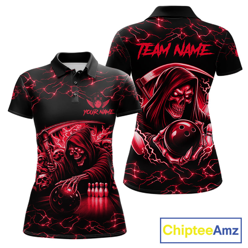 Custom red grim reaper lightning bowling team jersey polo shirt for women, skull bowling league apparel with bold lightning graphics.