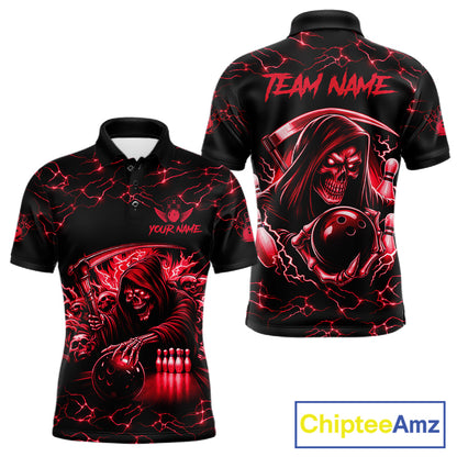 Custom red grim reaper lightning bowling team jersey polo shirt for men, skull bowling league apparel with bold lightning graphics.