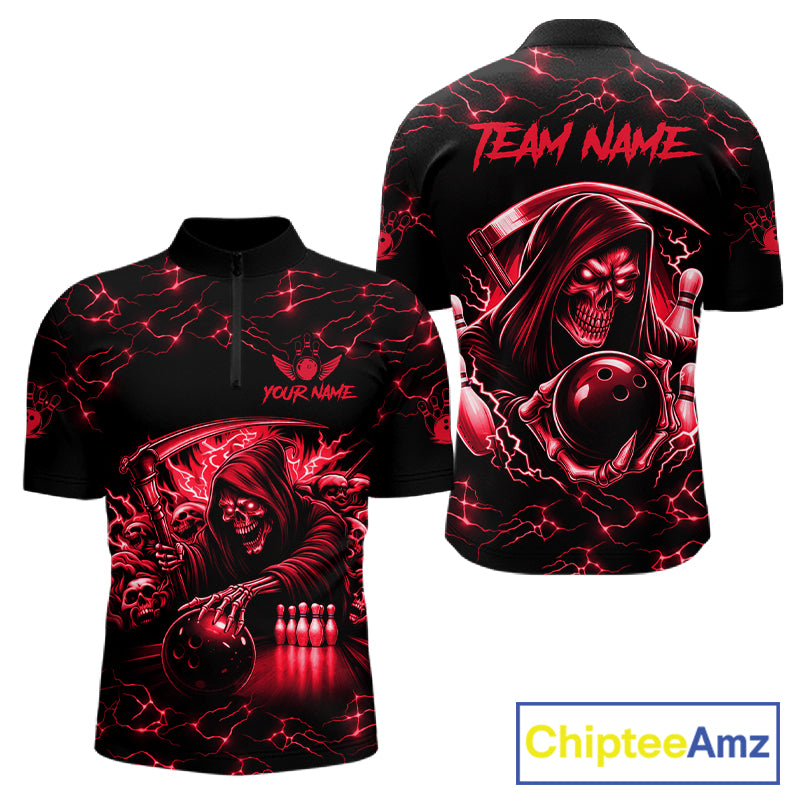 Custom red grim reaper lightning bowling team quarter zip shirt for men, skull bowling league jersey with lightning design.