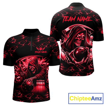 Custom red grim reaper lightning bowling team quarter zip shirt for men, skull bowling league jersey with lightning design.