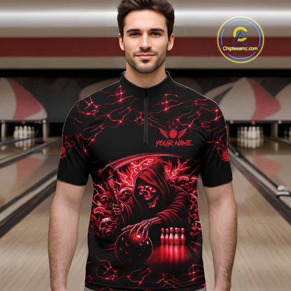 Man wearing custom red grim reaper lightning bowling quarter zip shirt front view.