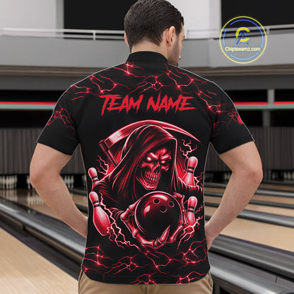 Man wearing custom red grim reaper lightning bowling quarter zip shirt back view.