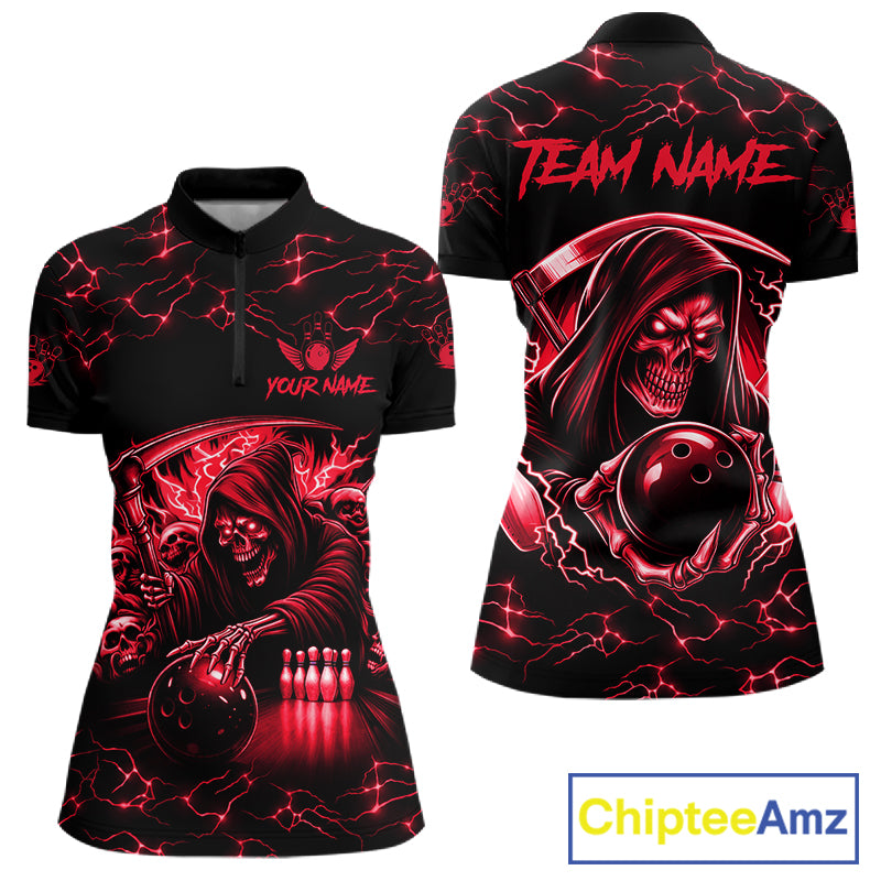Custom red grim reaper lightning bowling team quarter zip shirt for women, skull bowling league jersey with lightning design.