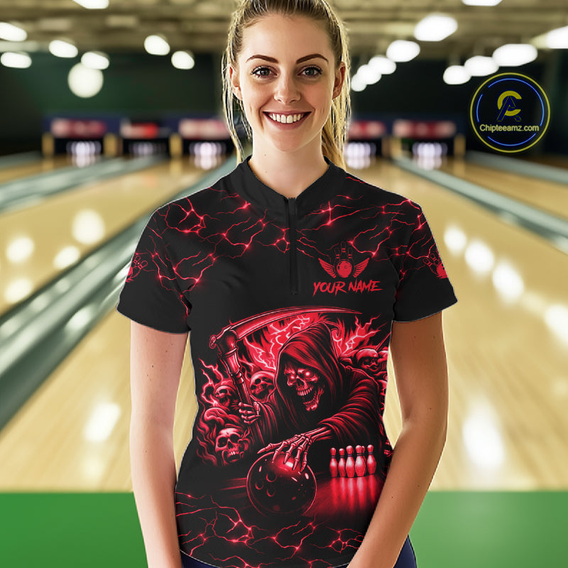 Woman wearing custom red grim reaper lightning bowling quarter zip shirt front view.