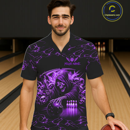 Man wearing purple grim reaper lightning bowling Hawaiian shirt front view.