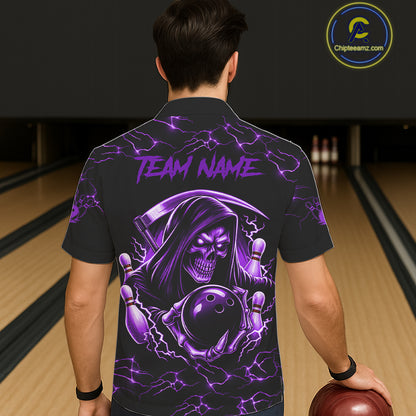 Man wearing purple grim reaper lightning bowling Hawaiian shirt back view.