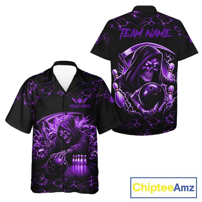 Purple grim reaper lightning bowling Hawaiian shirt front and back view for men and women, custom skull bowling league aloha shirt with bold purple lightning artwork.