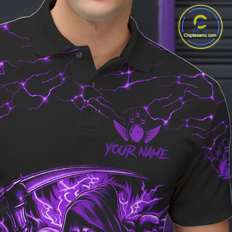 Close-up of the collar, buttons and chest detail on the custom purple grim reaper lightning bowling polo shirt for men.