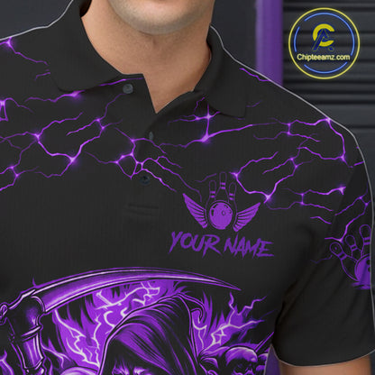 Close-up of the collar, buttons and chest detail on the custom purple grim reaper lightning bowling polo shirt for men.
