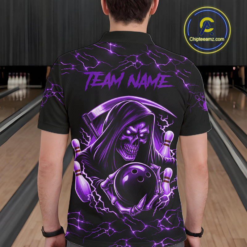 Man wearing custom purple grim reaper lightning bowling polo shirt back view.