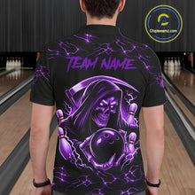 Load image into Gallery viewer, Man wearing custom purple grim reaper lightning bowling polo shirt back view.