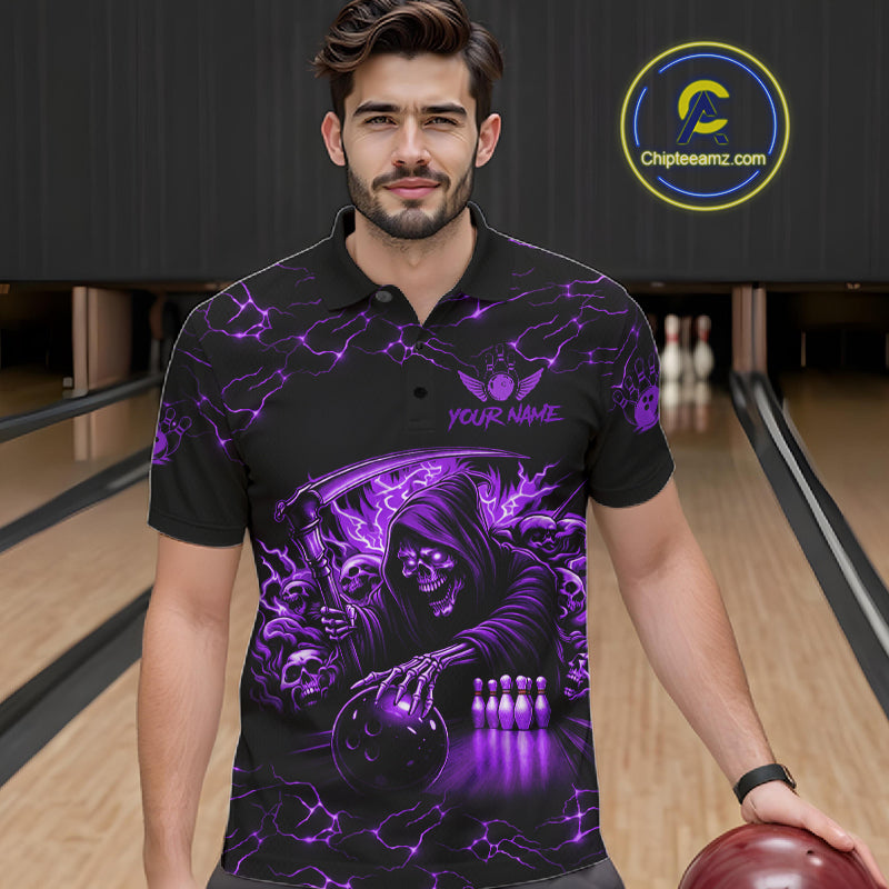 Man wearing custom purple grim reaper lightning bowling polo shirt front view.