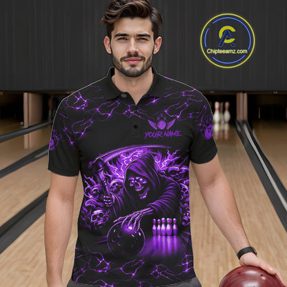 Man wearing custom purple grim reaper lightning bowling polo shirt front view.