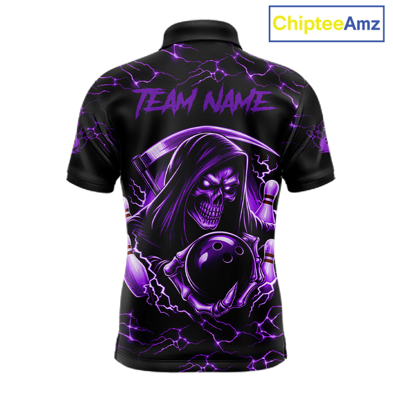 Custom purple grim reaper lightning bowling team jersey polo shirt for men, skull bowling league apparel with bold lightning graphics.
