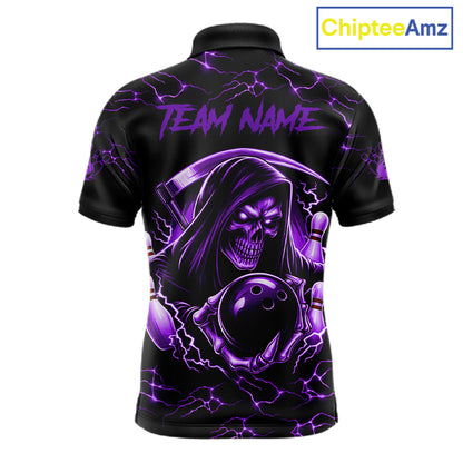 Custom purple grim reaper lightning bowling team jersey polo shirt for men, skull bowling league apparel with bold lightning graphics.