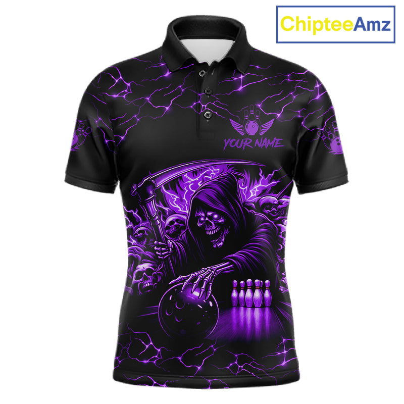Custom purple grim reaper lightning bowling team jersey polo shirt for men, skull bowling league apparel with bold lightning graphics.