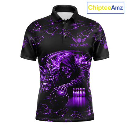 Custom purple grim reaper lightning bowling team jersey polo shirt for men, skull bowling league apparel with bold lightning graphics.