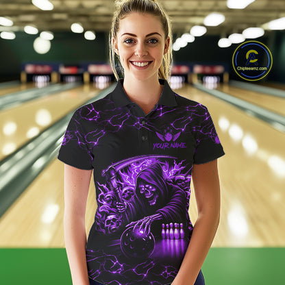 Woman wearing custom purple grim reaper lightning bowling polo shirt front view.