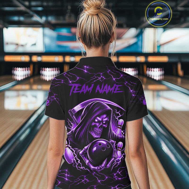 Woman wearing custom purple grim reaper lightning bowling polo shirt back view.
