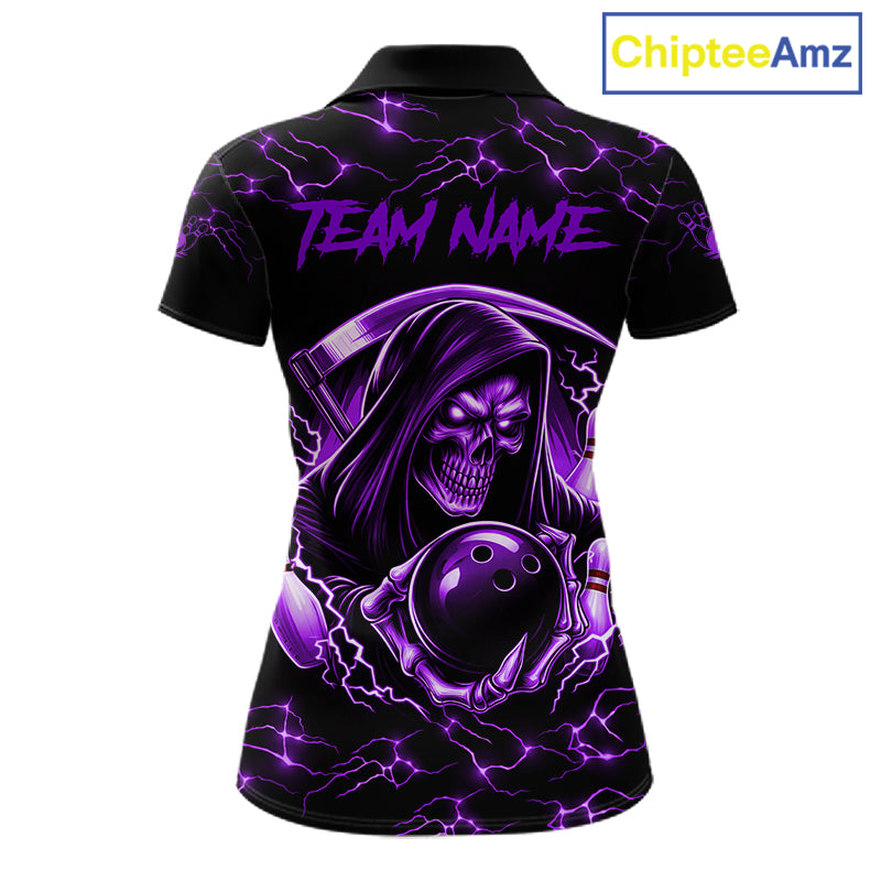 Custom purple grim reaper lightning bowling team jersey polo shirt for women, skull bowling league apparel with bold lightning graphics.