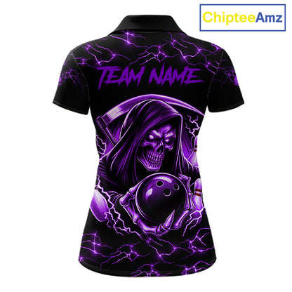 Custom purple grim reaper lightning bowling team jersey polo shirt for women, skull bowling league apparel with bold lightning graphics.
