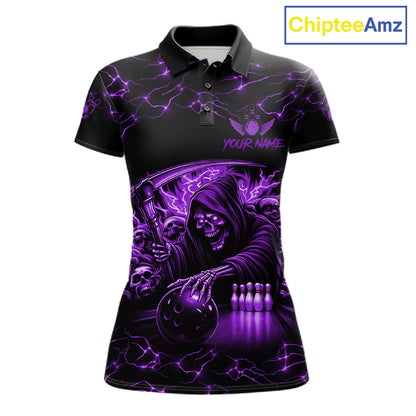 Custom purple grim reaper lightning bowling team jersey polo shirt for women, skull bowling league apparel with bold lightning graphics.