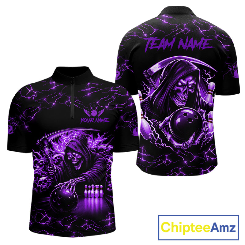 Custom purple grim reaper lightning bowling team quarter zip shirt for men, skull bowling league jersey with lightning design.