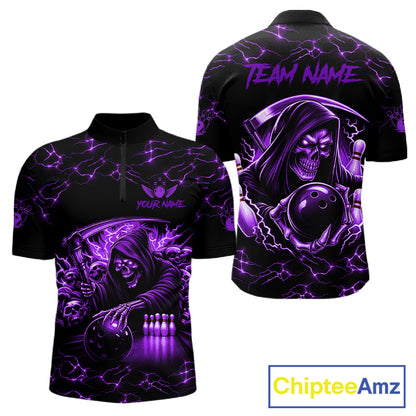 Custom purple grim reaper lightning bowling team quarter zip shirt for men, skull bowling league jersey with lightning design.