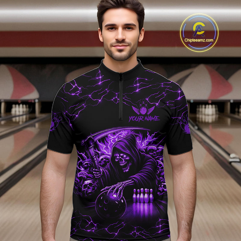 Man wearing custom purple grim reaper lightning bowling quarter zip shirt front view.