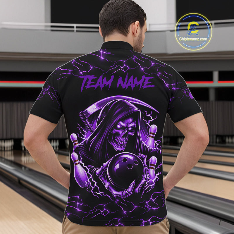 Man wearing custom purple grim reaper lightning bowling quarter zip shirt back view.