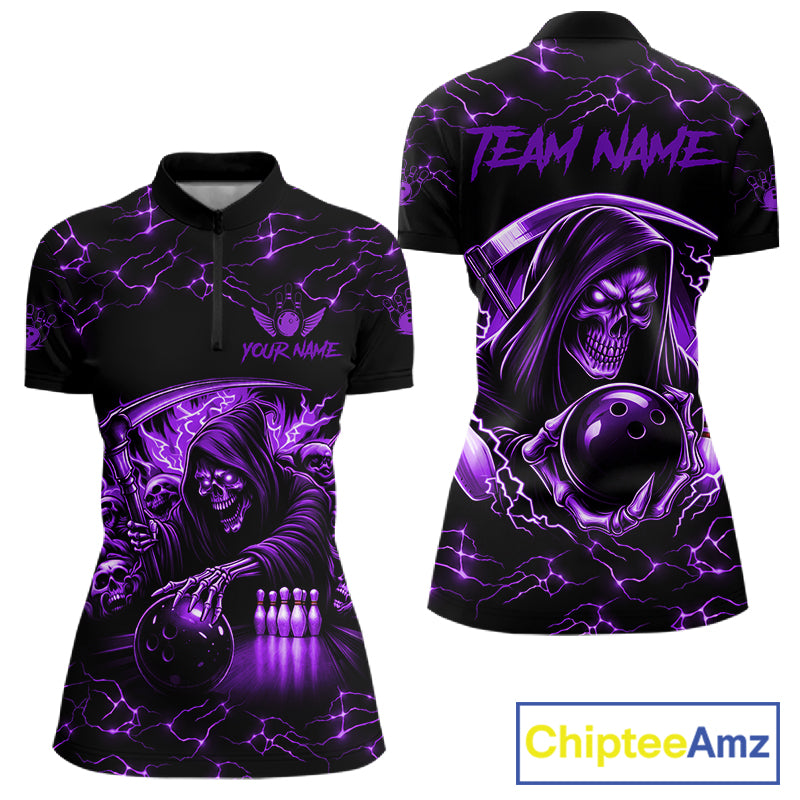 Custom purple grim reaper lightning bowling team quarter zip shirt for women, skull bowling league jersey with lightning design.