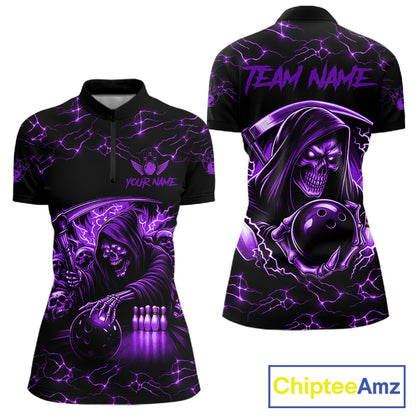 Custom purple grim reaper lightning bowling team quarter zip shirt for women, skull bowling league jersey with lightning design.