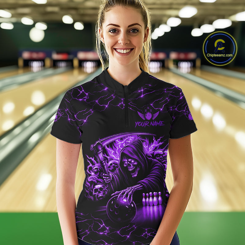 Woman wearing custom purple grim reaper lightning bowling quarter zip shirt front view.