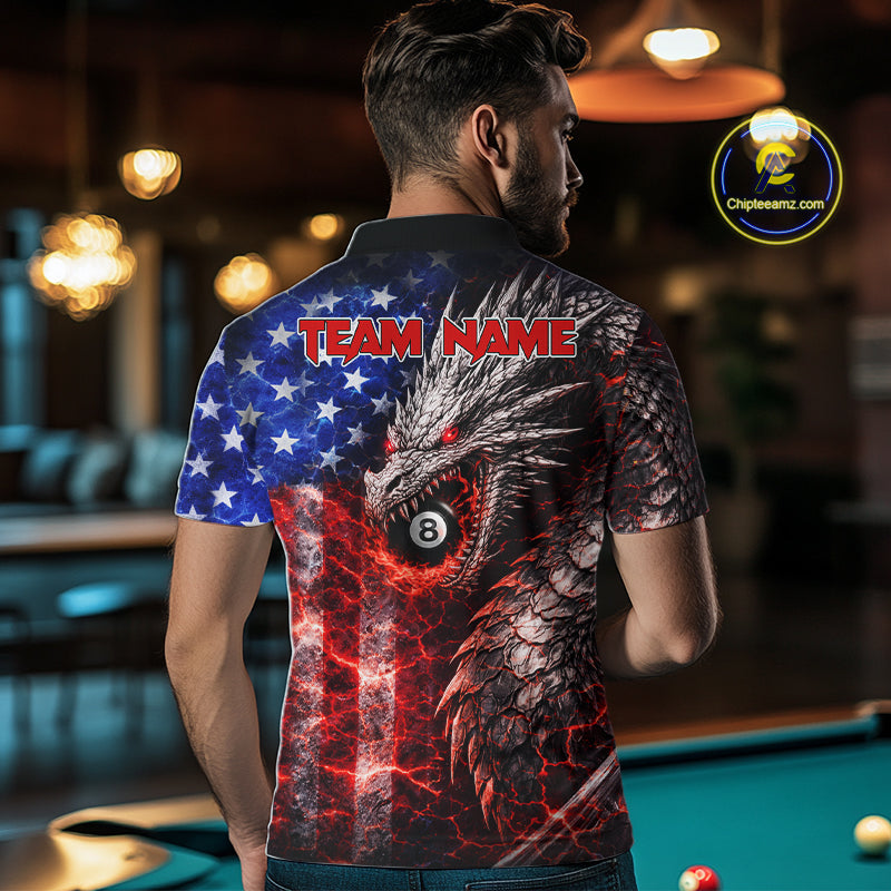 American Flag Dragon 8 Ball Billiard Shirt For Men Custom Lightning Pool Team Jersey Polo, 1/4 Zip TDM6034