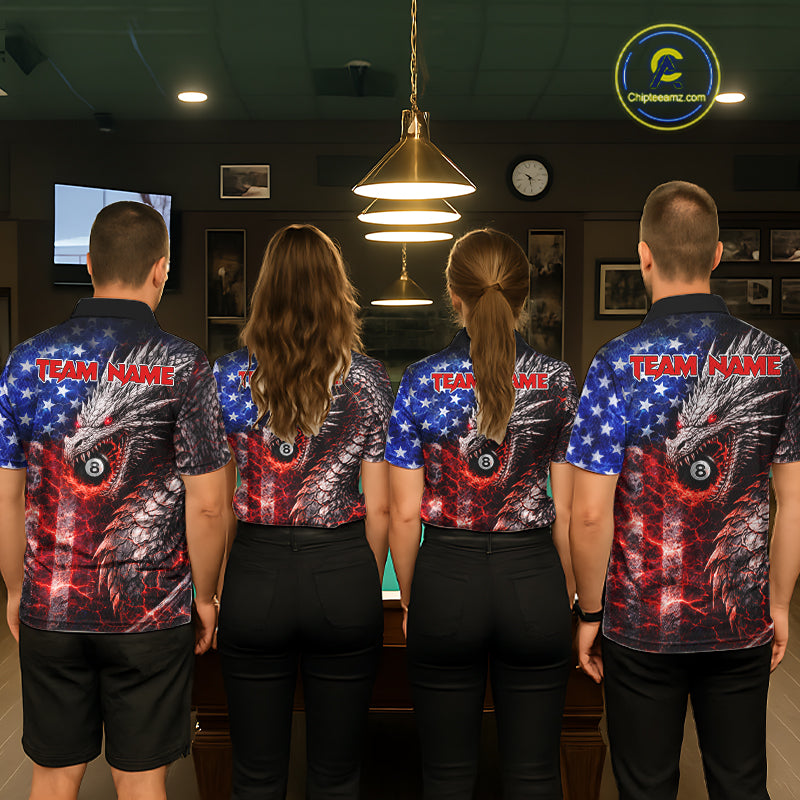 American Flag Dragon 8 Ball Billiard Shirt For Men Custom Lightning Pool Team Jersey Polo, 1/4 Zip TDM6034
