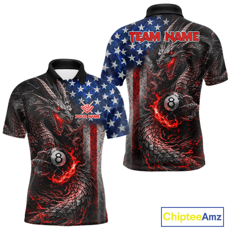 American Flag Dragon 8 Ball Fire Billiard Shirt For Men Custom Pool Team Jersey Polo, 1/4 Zip TDM6035