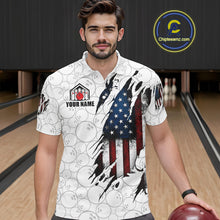 Load image into Gallery viewer, Man wearing a vintage American flag white bowling polo shirt at a bowling alley front view.