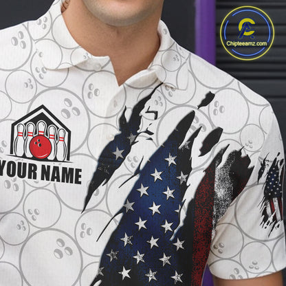 Close-up of a vintage American flag white bowling polo shirt collar, buttons, and patriotic artwork.
