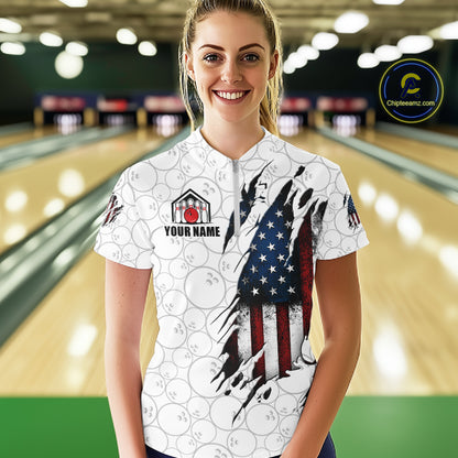 Woman wearing a vintage American flag white bowling quarter zip jersey during league competition front view.
