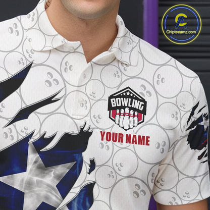 Close-up of a smoke Texas flag white bowling polo shirt collar, buttons, and Texas flag artwork.