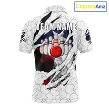 Load image into Gallery viewer, Smoke Texas flag white bowling polo shirt for men with patriotic bowling team graphics.