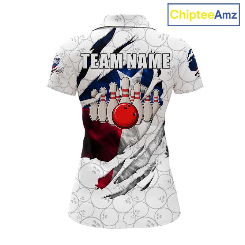 Smoke Texas flag white bowling polo shirt for women with patriotic bowling team graphics.