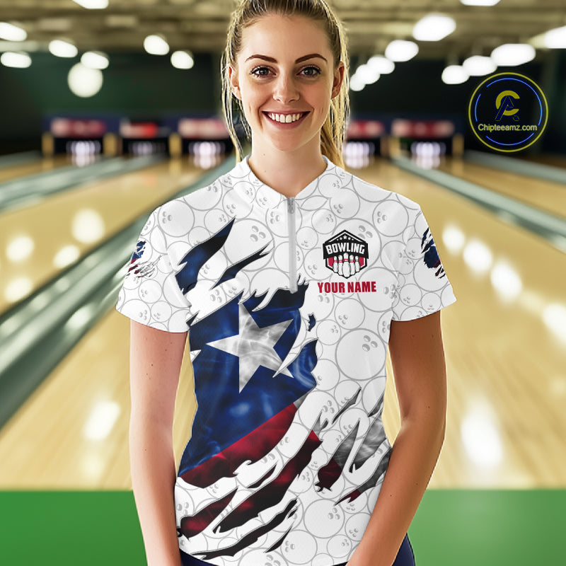 Woman wearing a smoke Texas flag white bowling quarter zip jersey during tournament play front view.