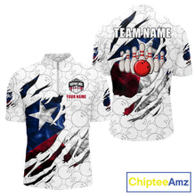 Load image into Gallery viewer, Smoke Texas flag white bowling quarter zip shirt for men designed for tournaments and league competition.