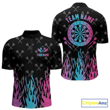 Load image into Gallery viewer, Dartboard neon fire flame darts quarter zip shirt for men designed for league matches and tournament play.
