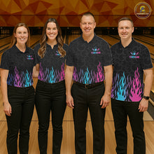 Load image into Gallery viewer, Bowling team wearing matching fire flame neon bowling jerseys during tournament play front view.