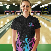 Load image into Gallery viewer, Woman wearing a fire flame neon bowling quarter zip jersey during league competition front view.