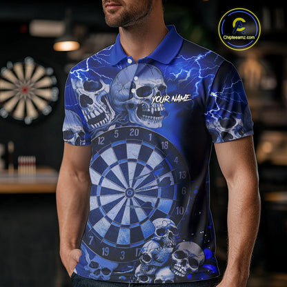 Blue Funny Skull Lightning Darts Shirt For Men Custom Darts Team Jersey Polo & Quarter Zip TDM4980